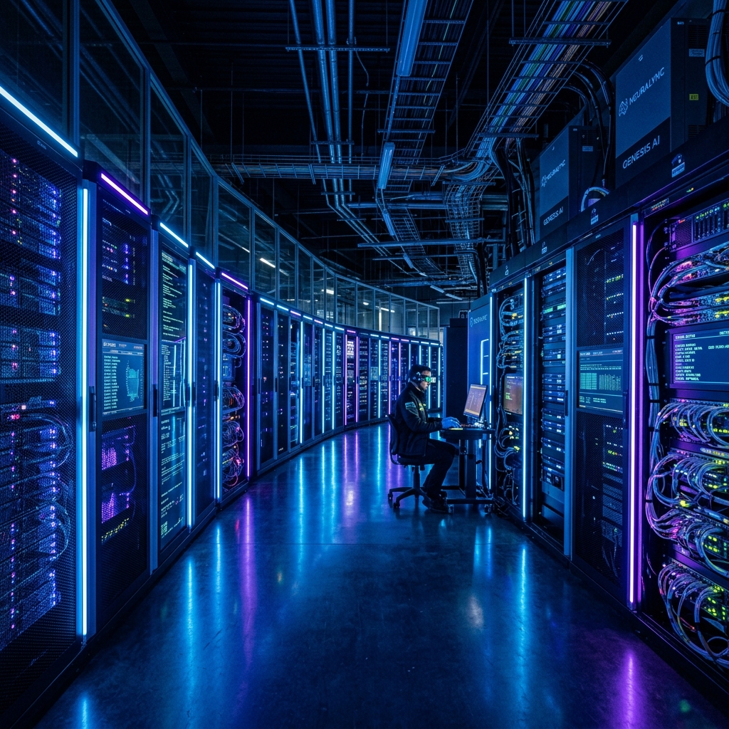 A futuristic artificial intelligence server room glowing with neon blue and purple lights, highly detailed, photorealistic.